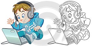 Coloring page with boy with laptop